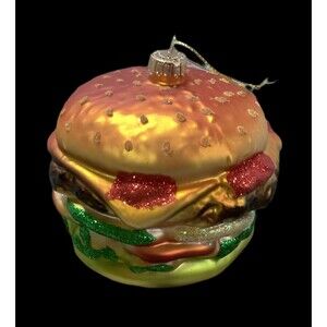 Cheeseburger Hamburger Art Glass Painted Glitter Ornament Large Size